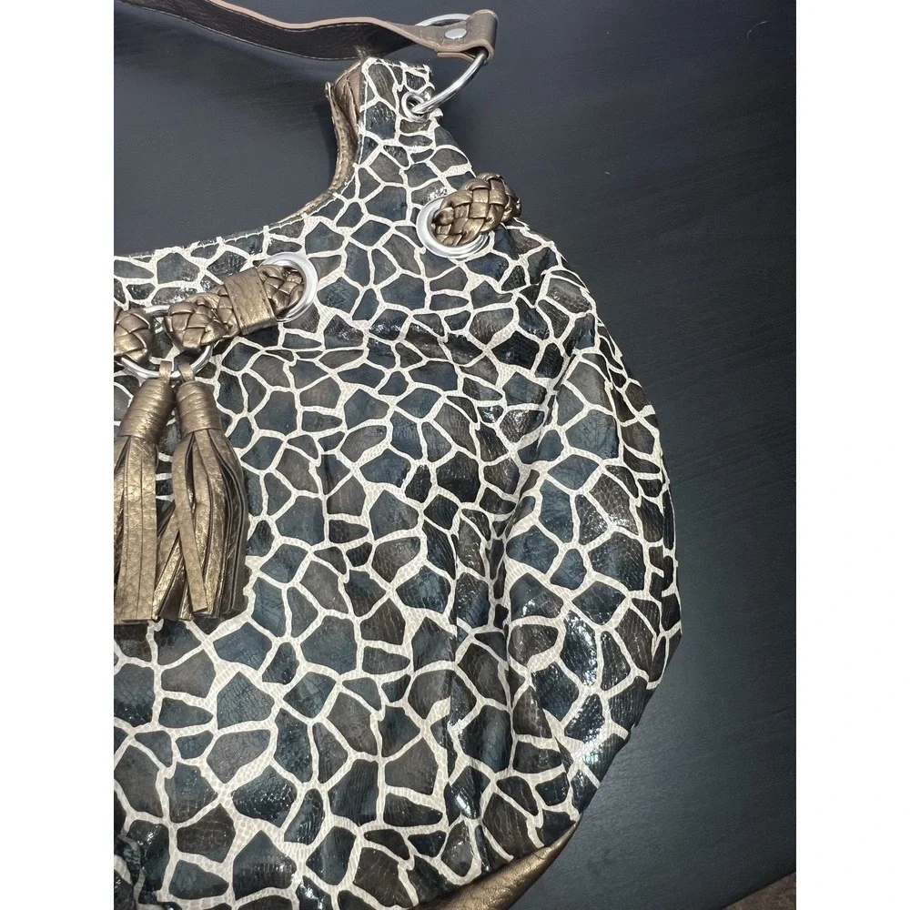 Bueno Collection Women's Hobo Bag Giraffe Print Metallic Bronze Tassel Shoulder